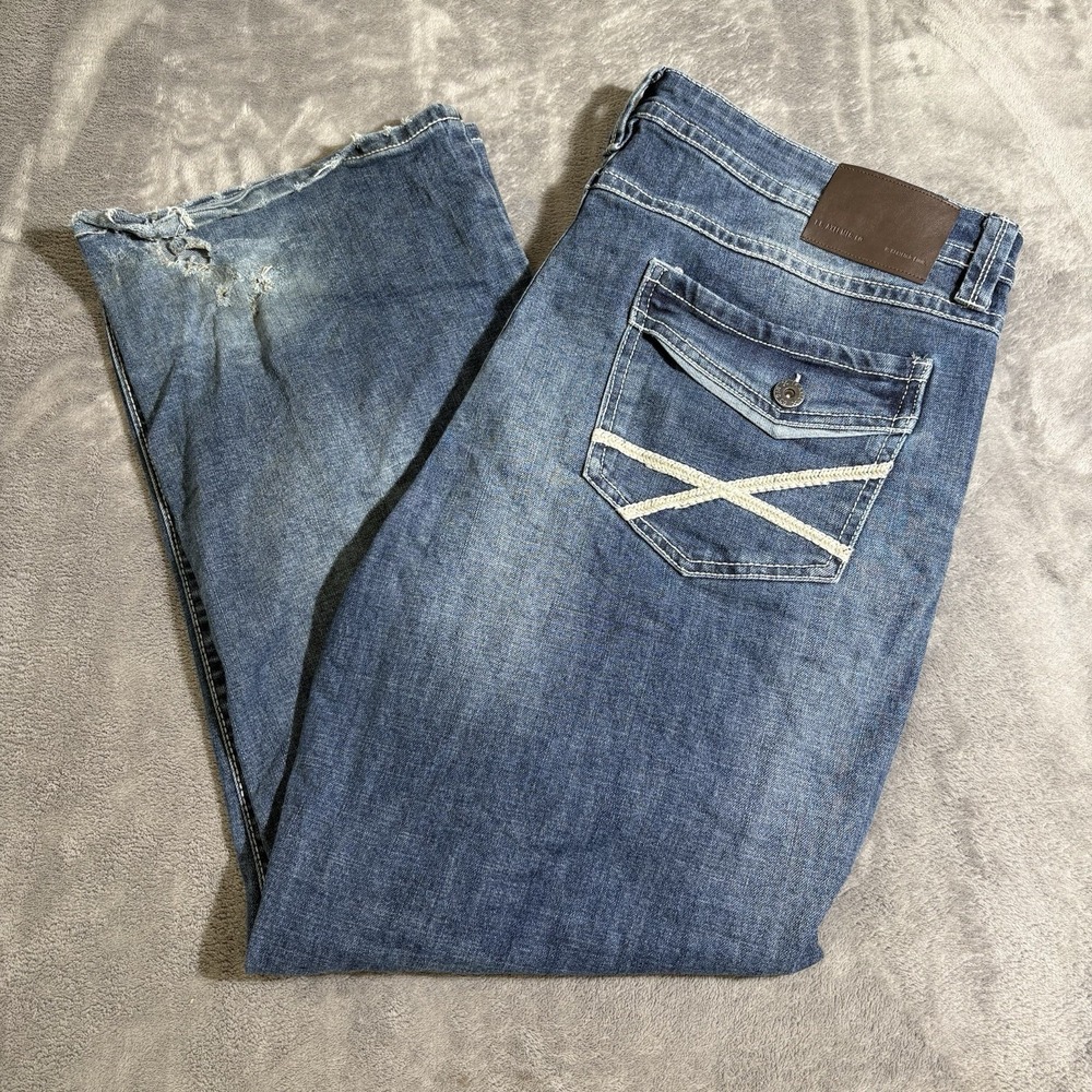 TK Axel Slim Boot Jeans Men's 40x30 Medium Wash Whiskered Denim Western Damaged